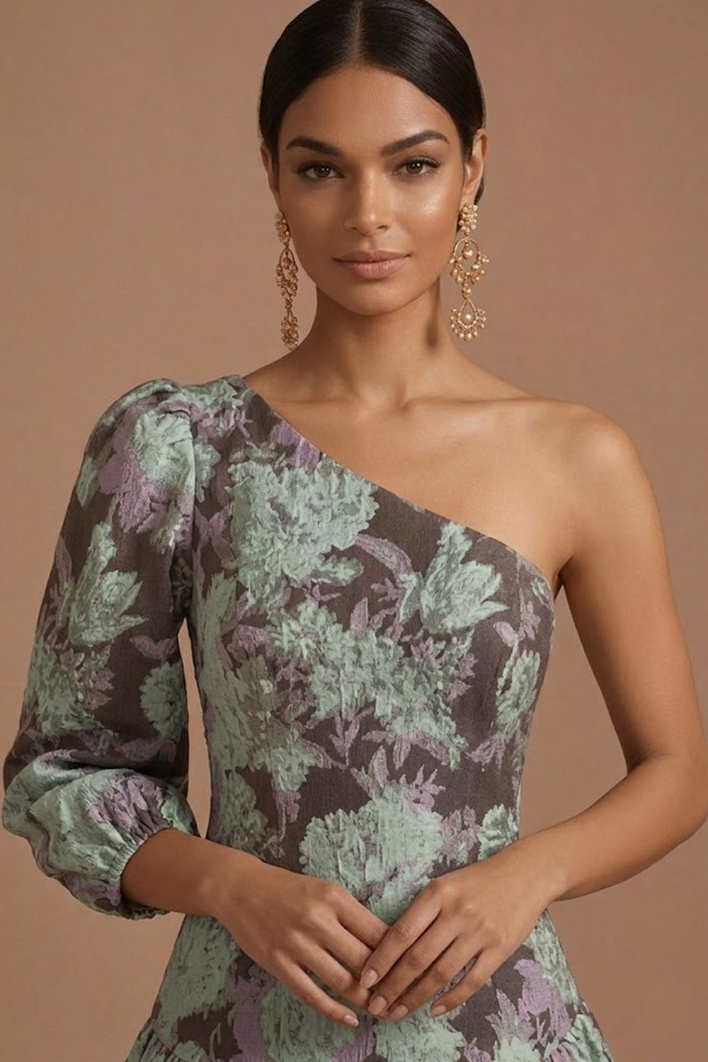 Grape Floral A Line One Shoulder Long Formal Dress