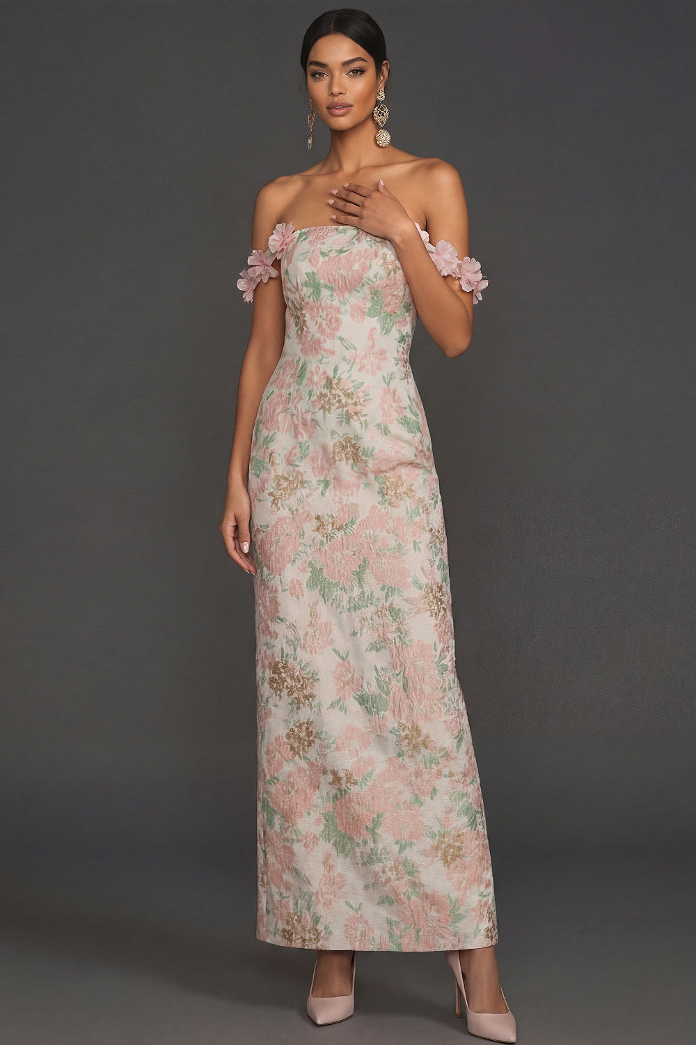 Leely Women Blush Floral Jacquard Sheath Long Formal Dress Off the Shoulder Backless Sleeveless Wedding Guest Dress