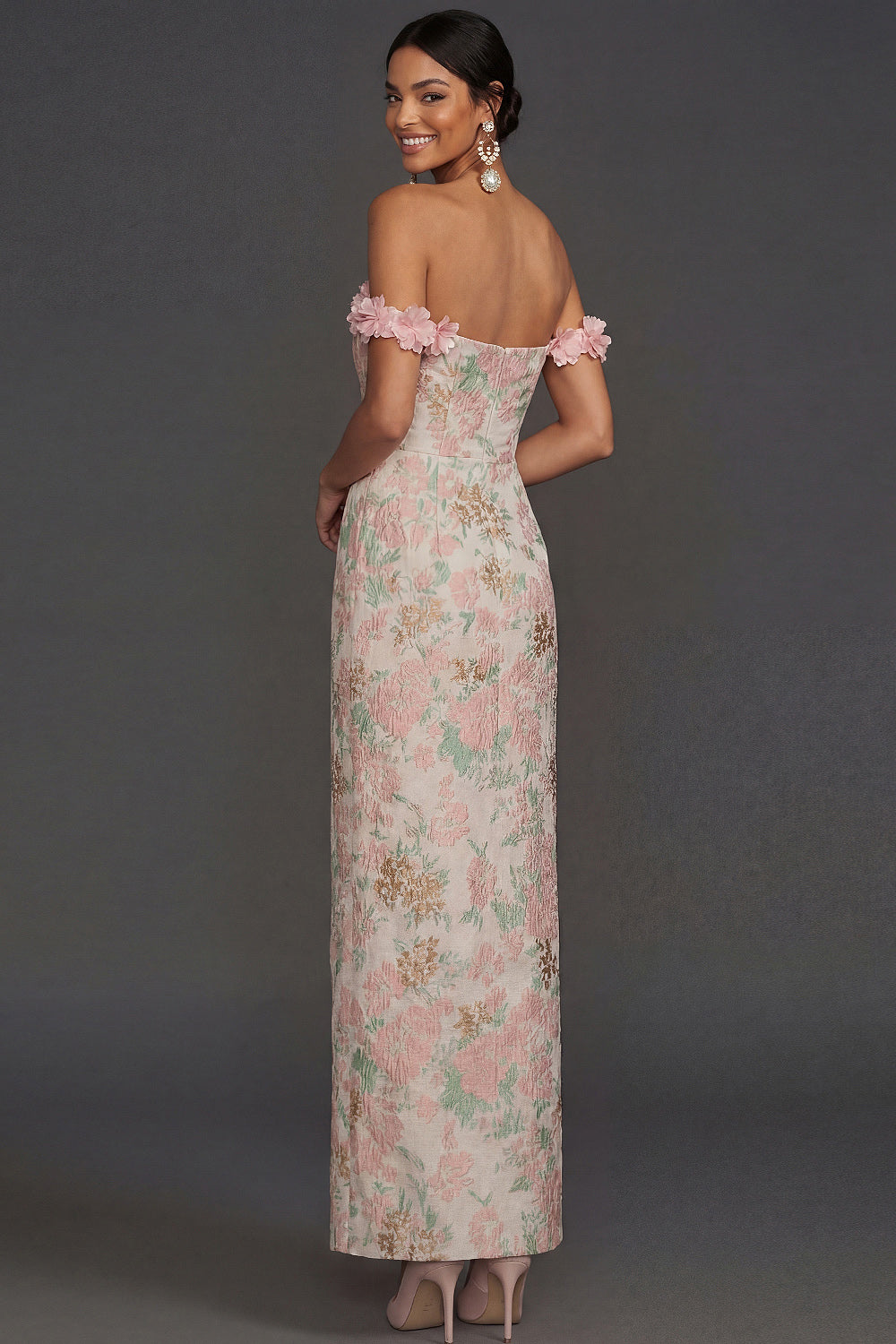 Blush Floral Jacquard Sheath Off the Shoulder Long Formal Dress