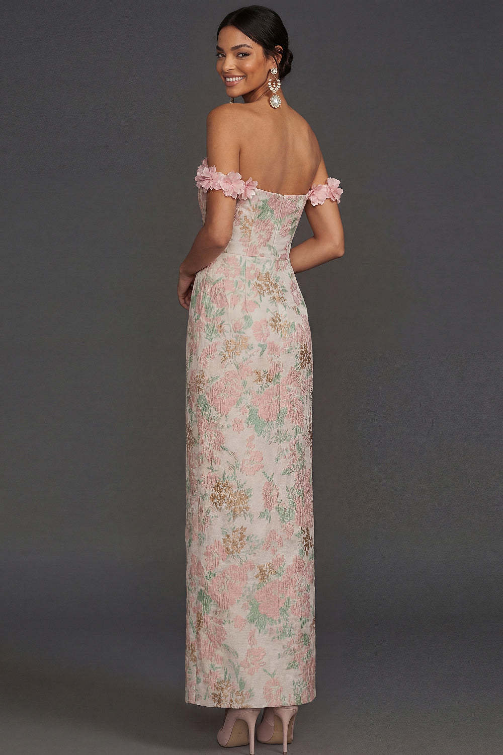 Blush Floral Jacquard Sheath Off the Shoulder Long Formal Dress