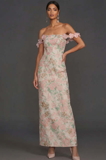 Blush Floral Jacquard Sheath Off the Shoulder Long Formal Dress