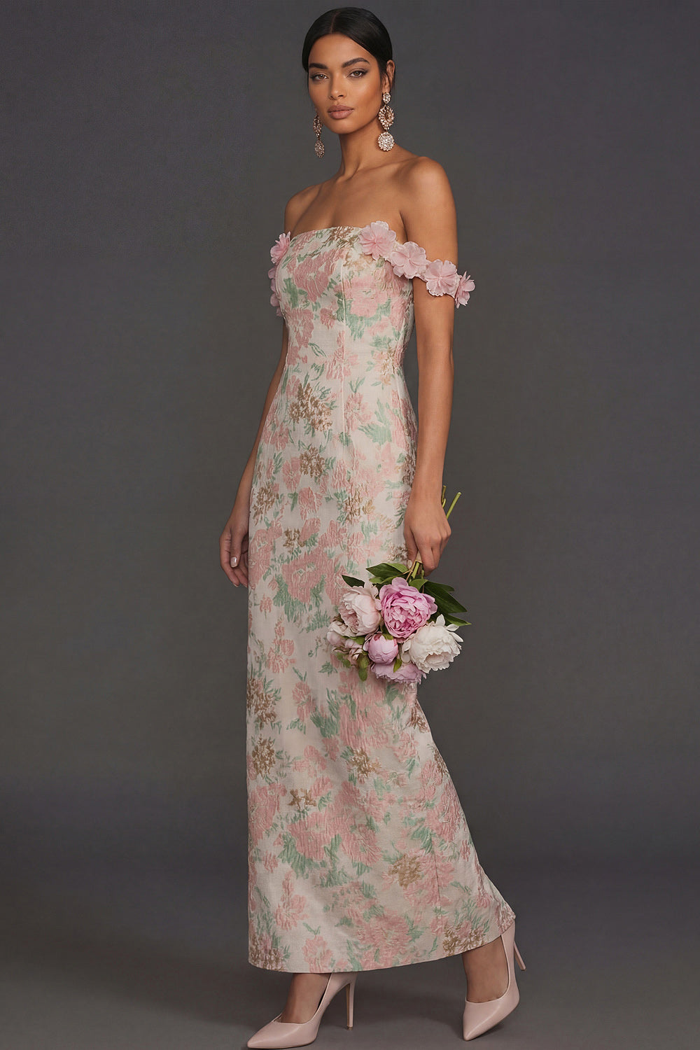 Blush Floral Jacquard Sheath Off the Shoulder Long Formal Dress