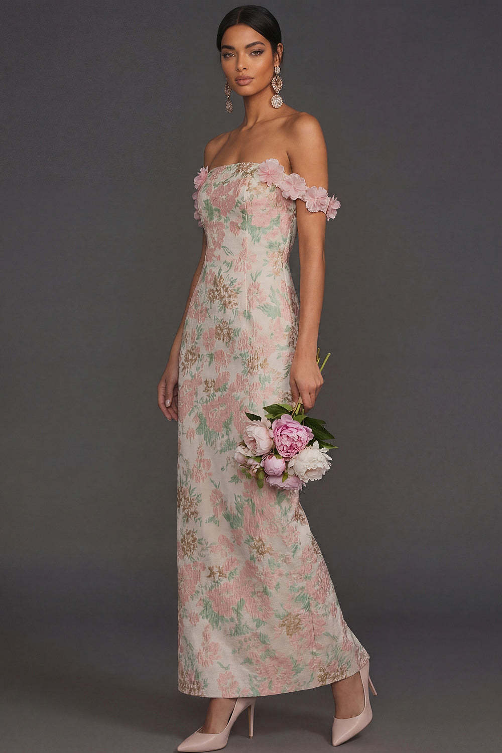 Blush Floral Jacquard Sheath Off the Shoulder Long Formal Dress