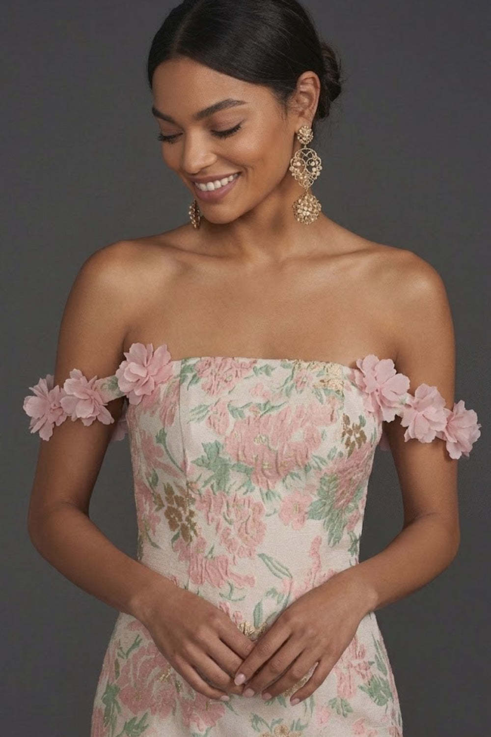 Blush Floral Jacquard Sheath Off the Shoulder Long Formal Dress