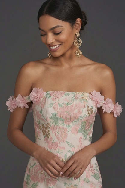 Blush Floral Jacquard Sheath Off the Shoulder Long Formal Dress