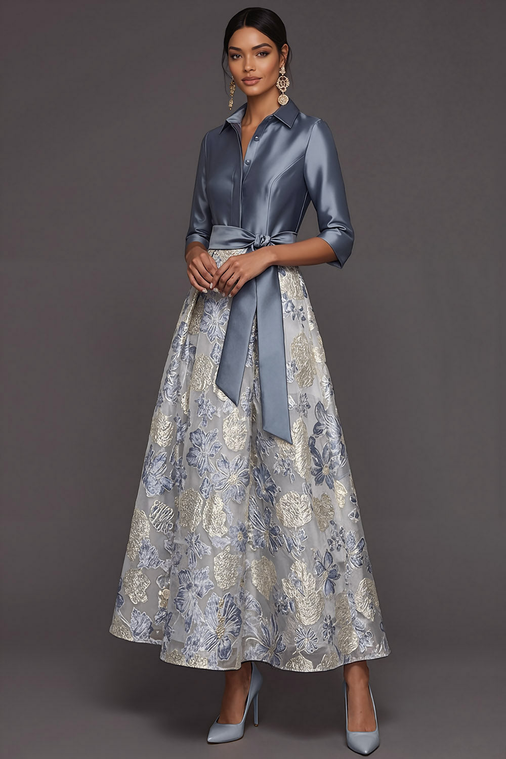 Dusty Blue A Line Floral Jacquard Collar Neck Long Formal Dress with Sleeves