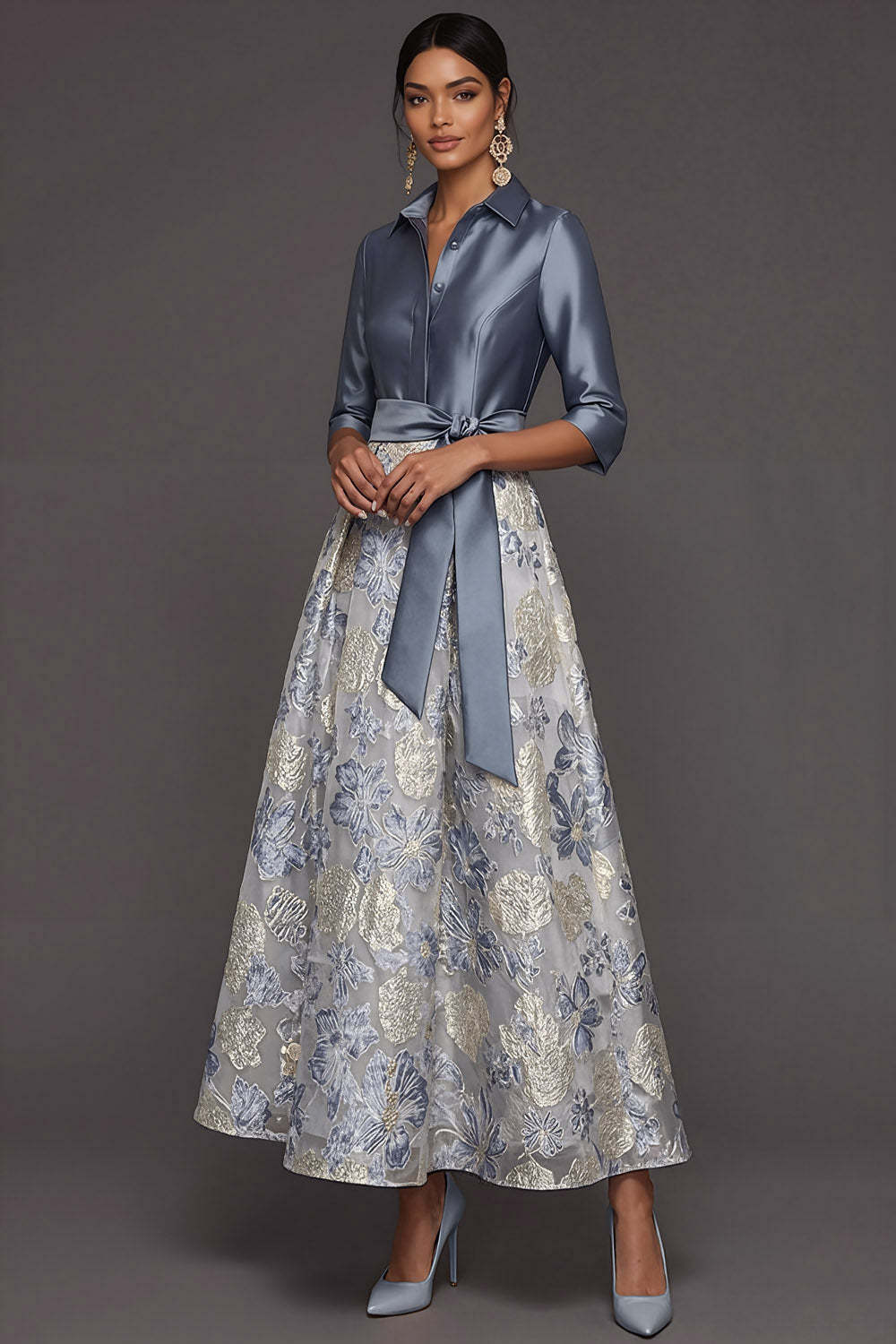 Leely Women Dusty Blue A Line Floral Long Formal Dress with Sleeves Jacquard Collar Neck Wedding Guest Dress with Bow