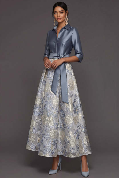 Leely Women Dusty Blue A Line Floral Long Formal Dress with Sleeves Jacquard Collar Neck Wedding Guest Dress with Bow