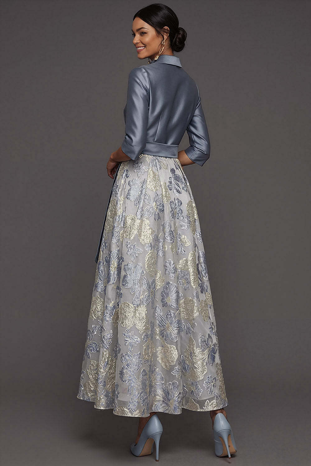 Dusty Blue A Line Floral Jacquard Collar Neck Long Formal Dress with Sleeves
