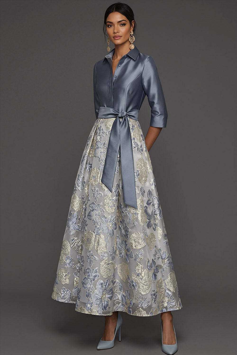 Dusty Blue A Line Floral Jacquard Collar Neck Long Formal Dress with Sleeves