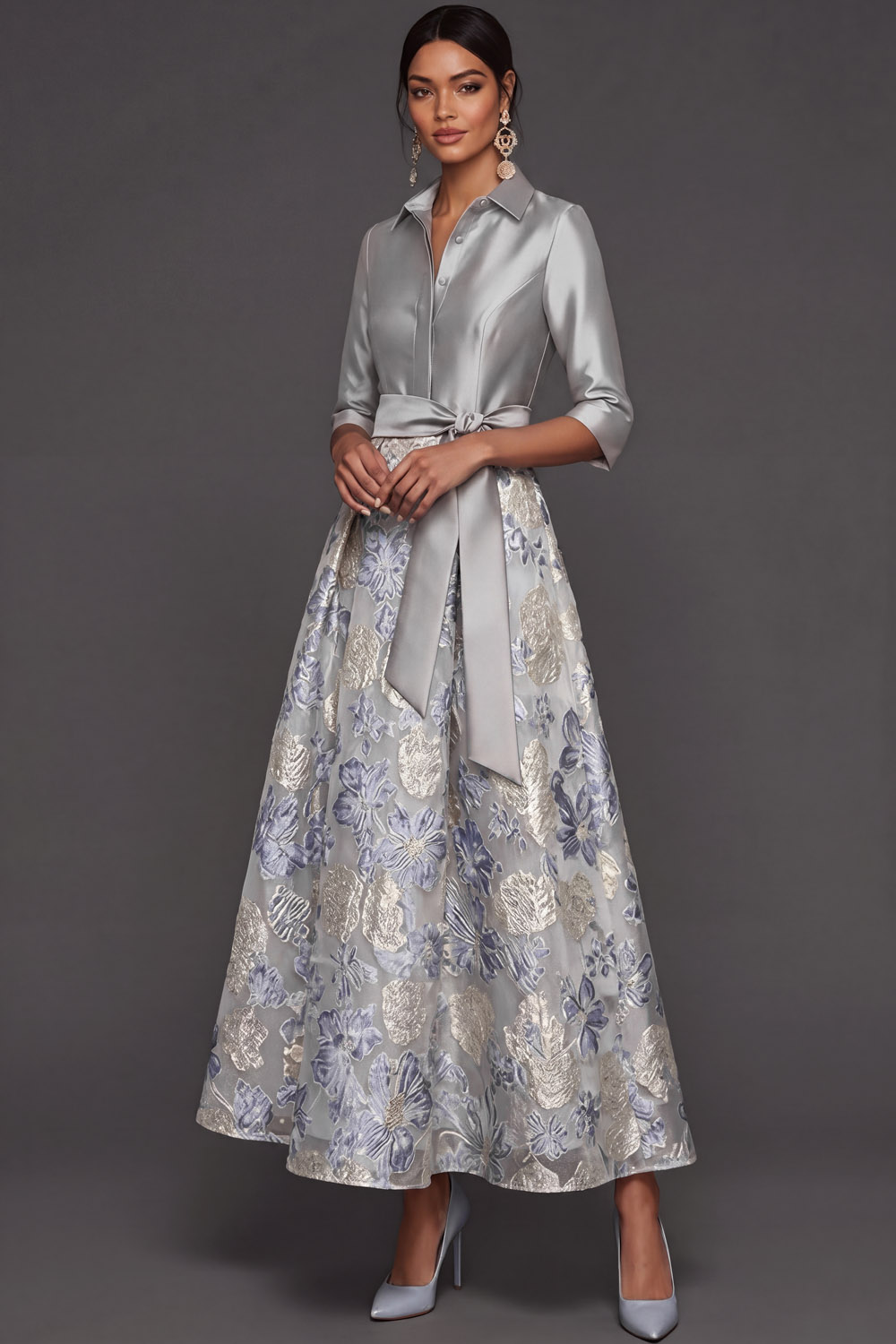 Dusty Blue A Line Floral Jacquard Collar Neck Long Formal Dress with Sleeves