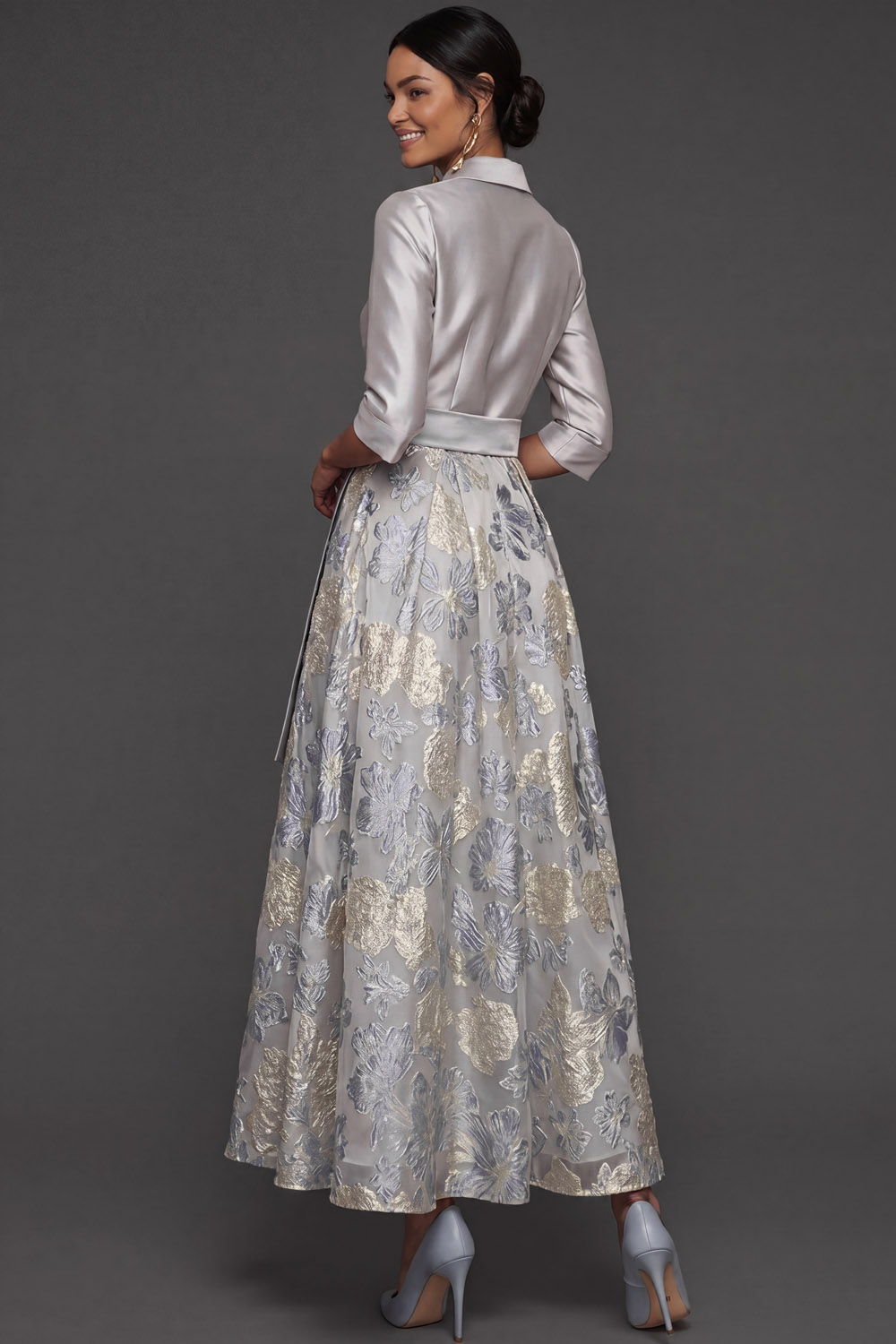 Dusty Blue A Line Floral Jacquard Collar Neck Long Formal Dress with Sleeves