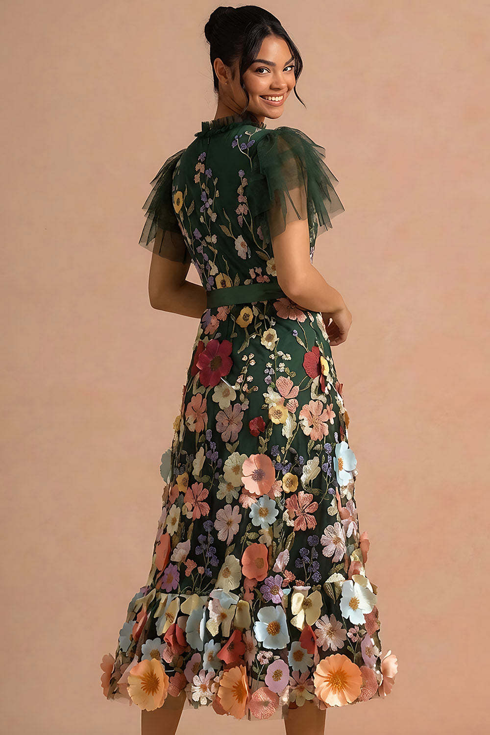 Dark Green Appliqued Floral Ruffled A Line Long Formal Dress