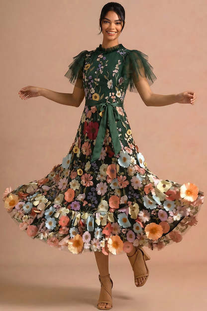 Dark Green Appliqued Floral Ruffled A Line Long Formal Dress