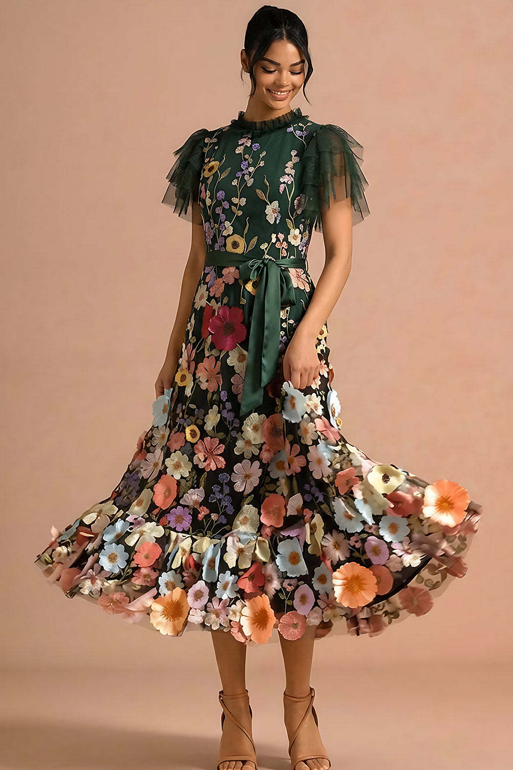Dark Green Appliqued Floral Ruffled A Line Long Formal Dress