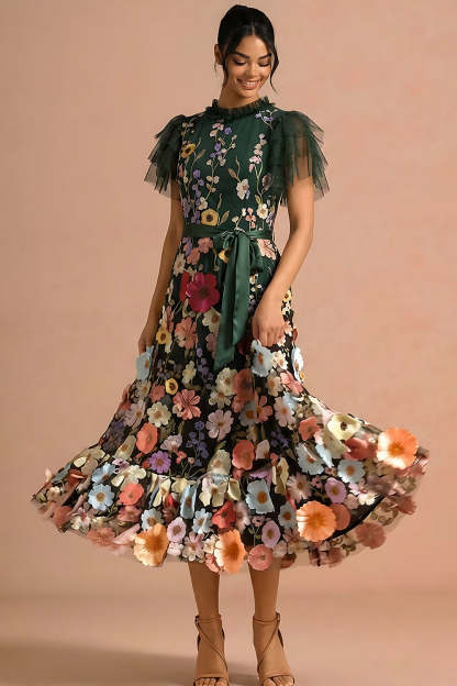 Dark Green Appliqued Floral Ruffled A Line Long Formal Dress