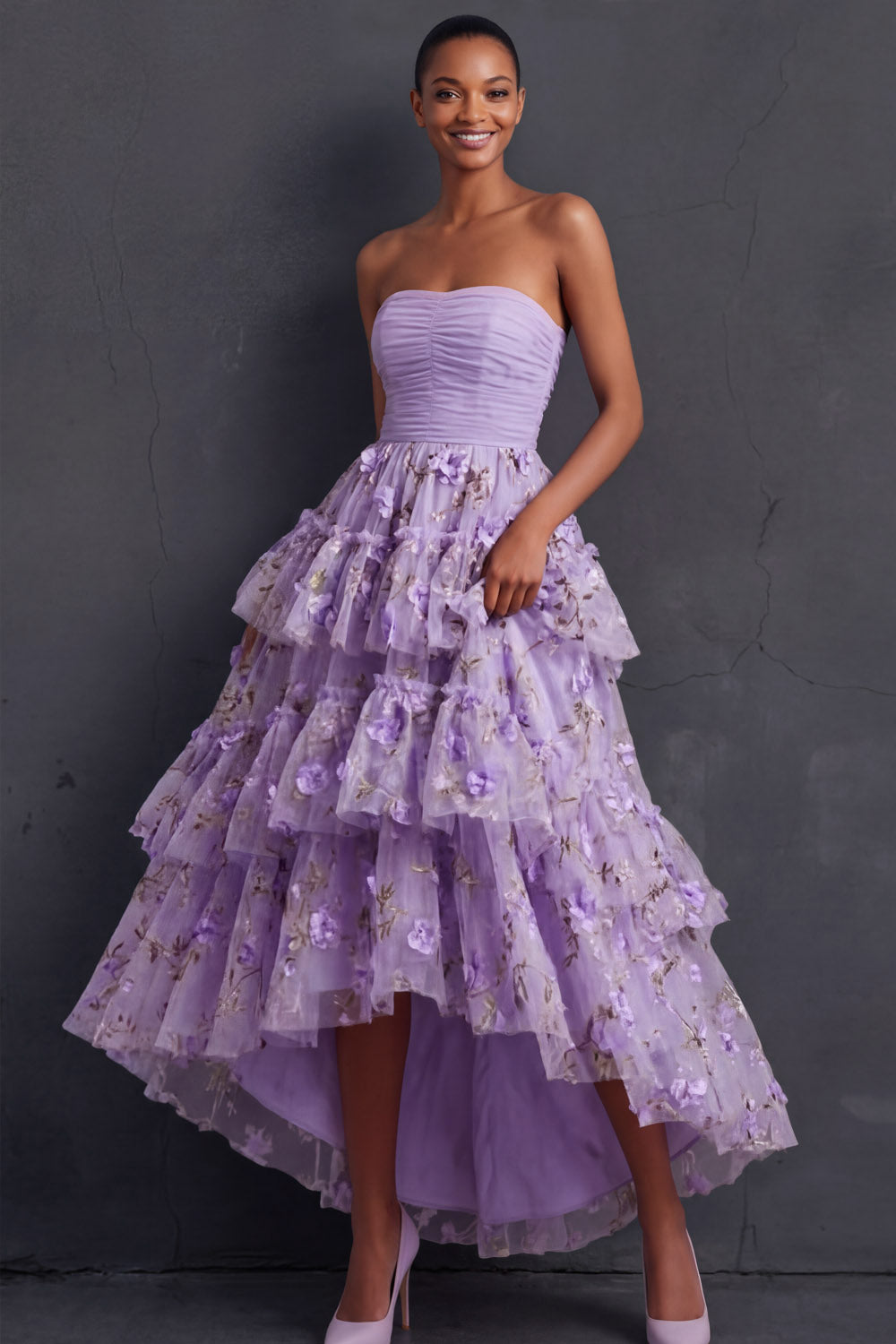 Leely Women Ball Gown Floral Lilac Appliqued High Low Formal Dress Strapless Backless Sleeveless Wedding Guest Dress
