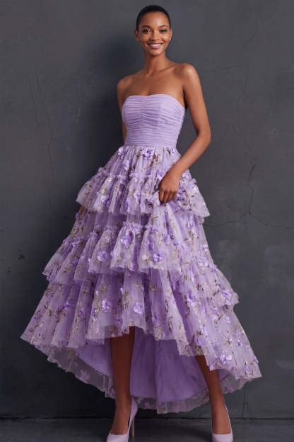 Leely Women Ball Gown Floral Lilac Appliqued High Low Formal Dress Strapless Backless Sleeveless Wedding Guest Dress