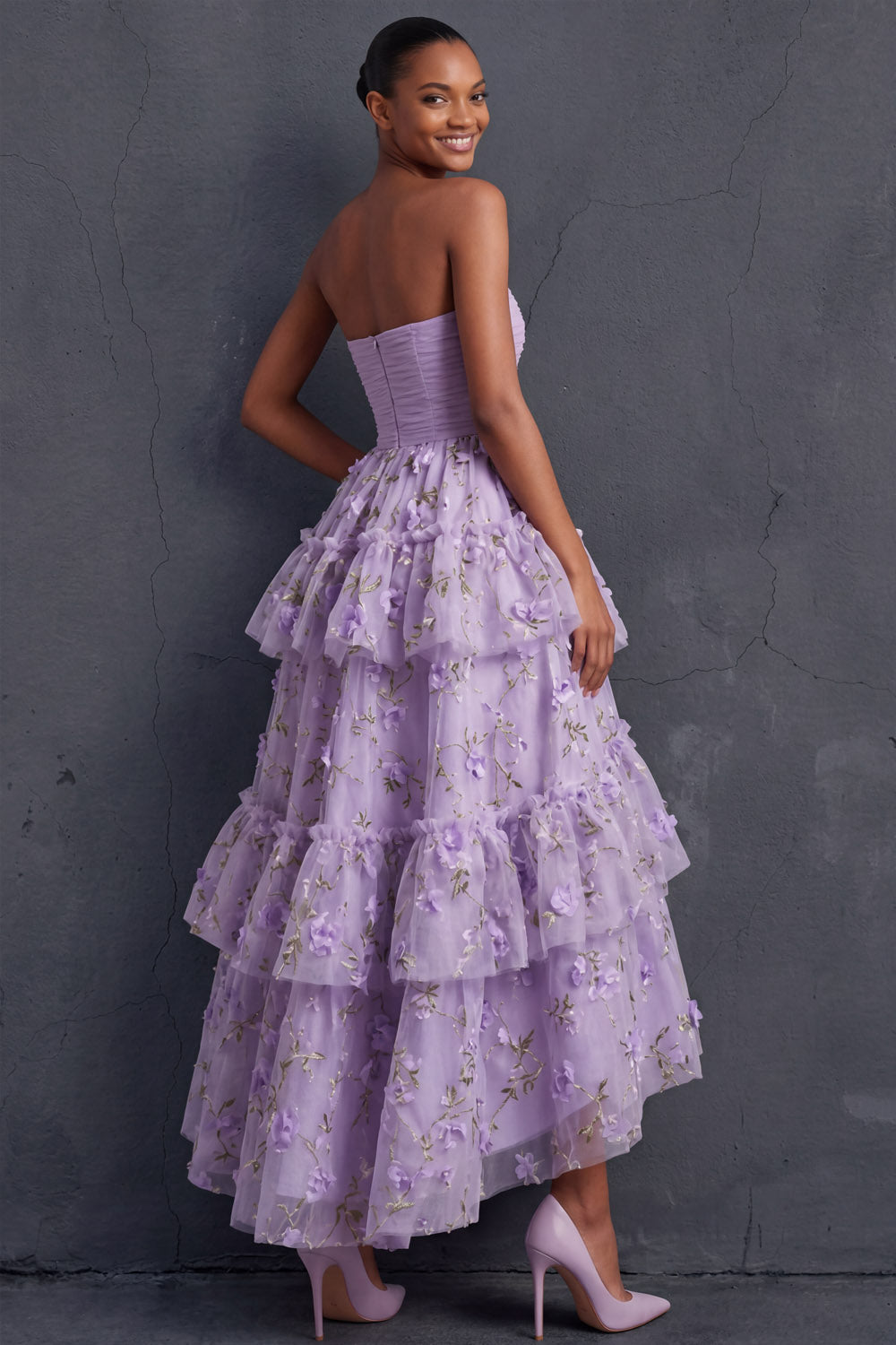 Ball Gown Floral Lilac Strapless Appliqued High Low Formal Dress