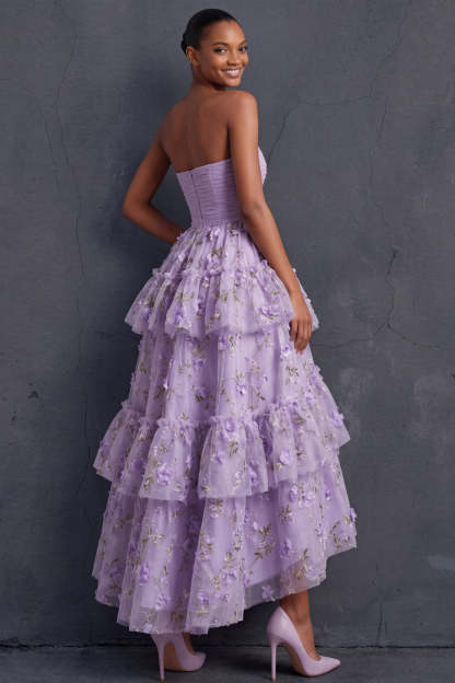 Ball Gown Floral Lilac Strapless Appliqued High Low Formal Dress