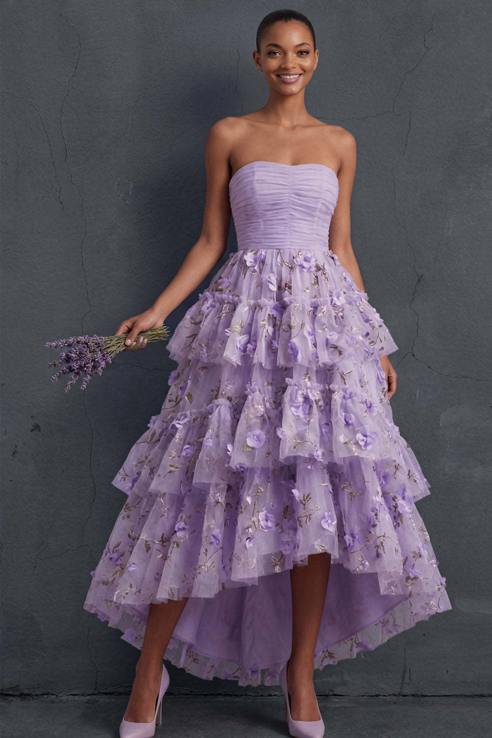 Ball Gown Floral Lilac Strapless Appliqued High Low Formal Dress