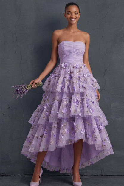 Ball Gown Floral Lilac Strapless Appliqued High Low Formal Dress