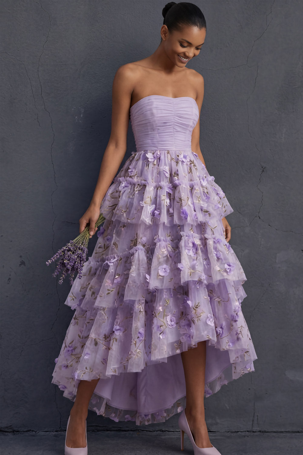 Ball Gown Floral Lilac Strapless Appliqued High Low Formal Dress