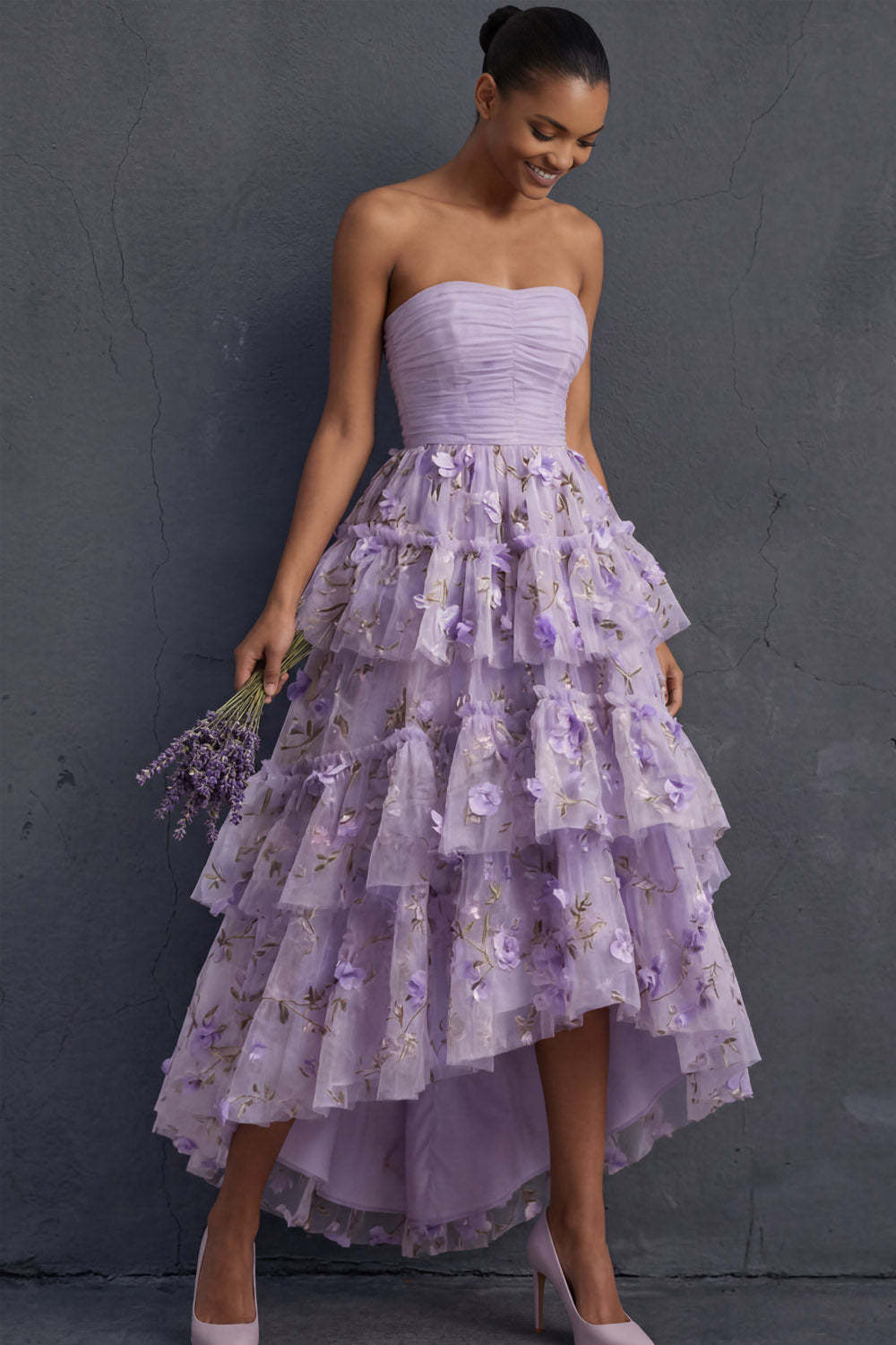Ball Gown Floral Lilac Strapless Appliqued High Low Formal Dress
