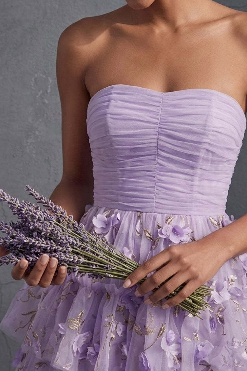 Ball Gown Floral Lilac Strapless Appliqued High Low Formal Dress