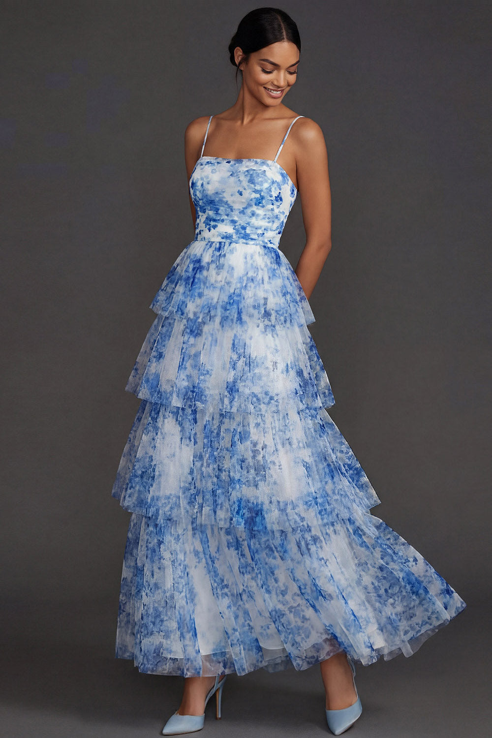 White Blue Floral Tiered Ruffled Spaghetti Straps A Line Long Formal Dress