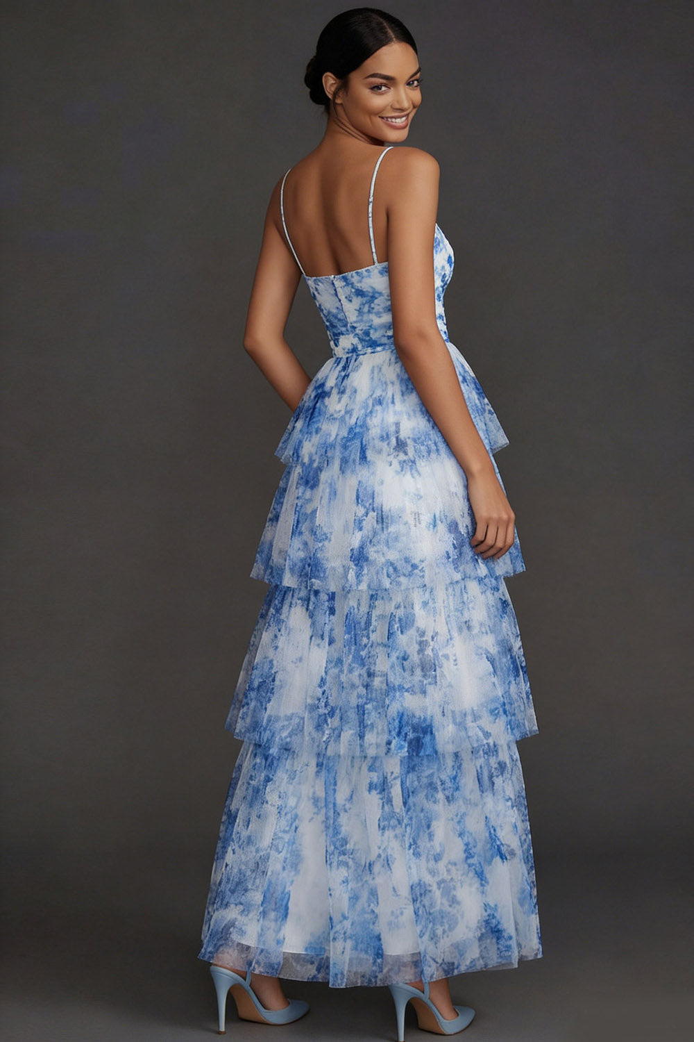 White Blue Floral Tiered Ruffled Spaghetti Straps A Line Long Formal Dress