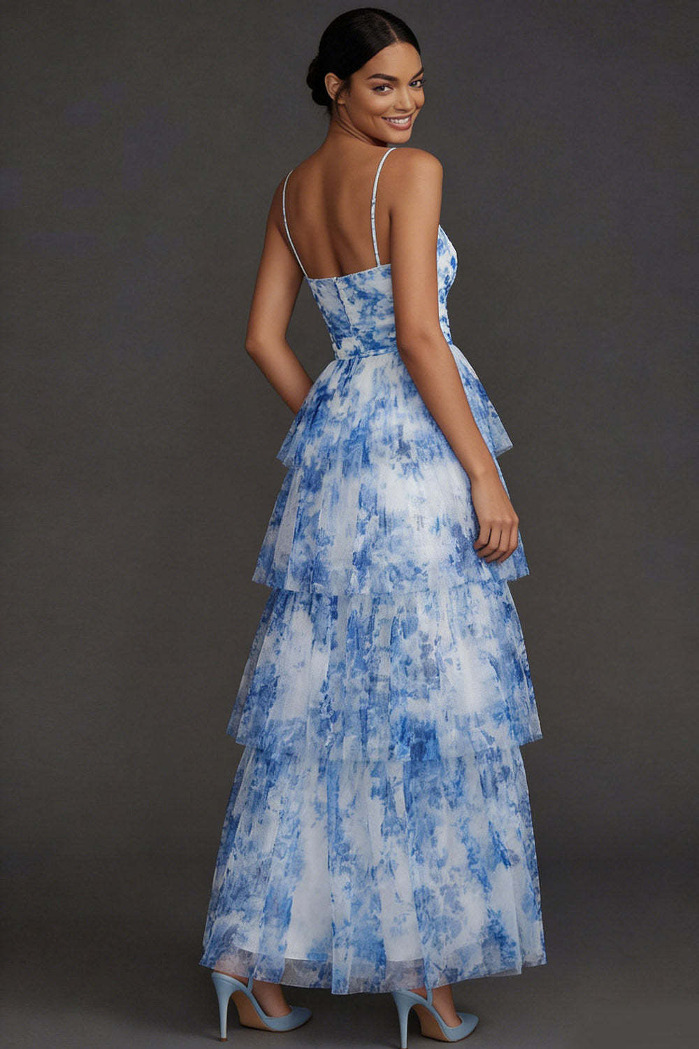 White Blue Floral Tiered Ruffled Spaghetti Straps A Line Long Formal Dress