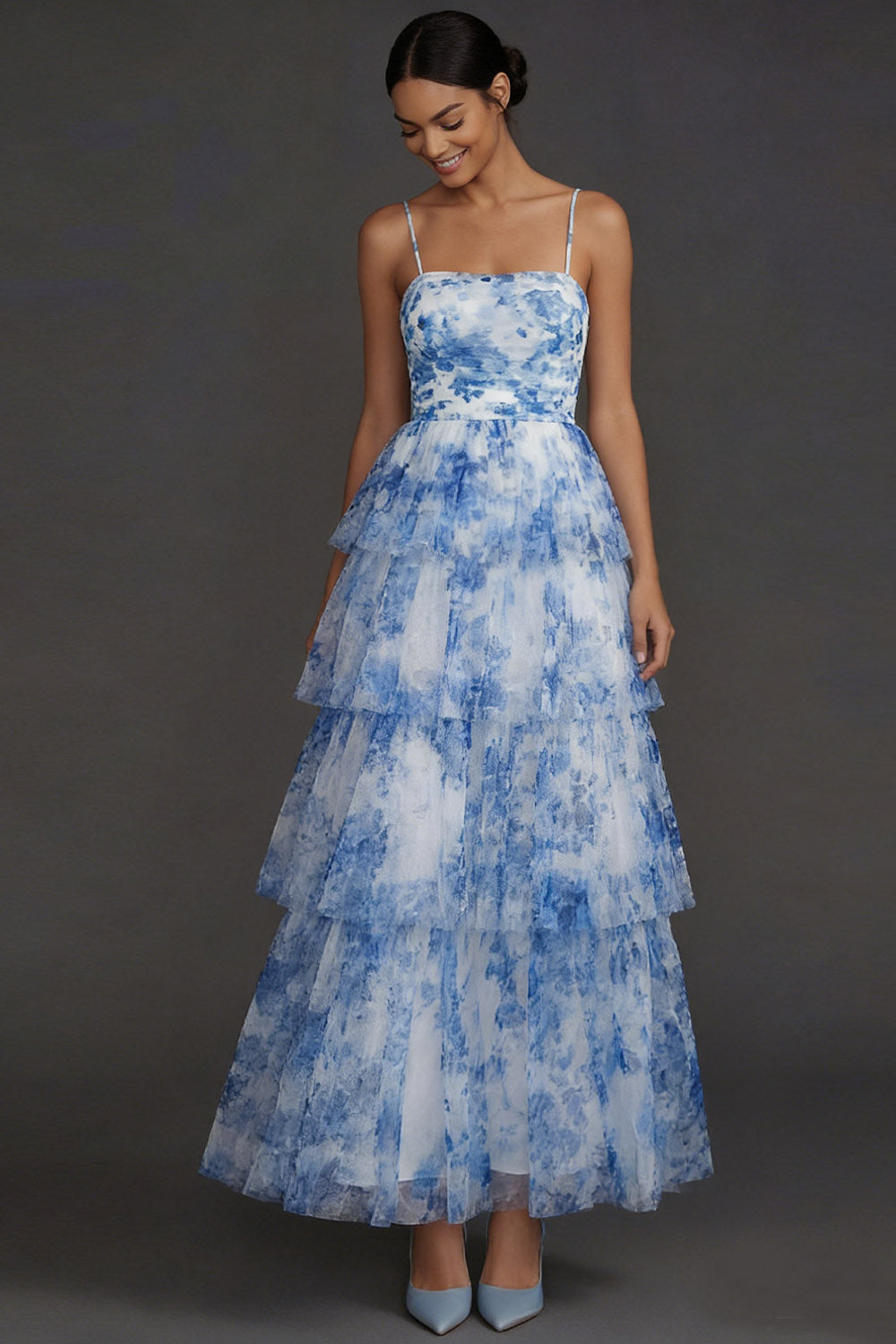 White Blue Floral Tiered Ruffled Spaghetti Straps A Line Long Formal Dress