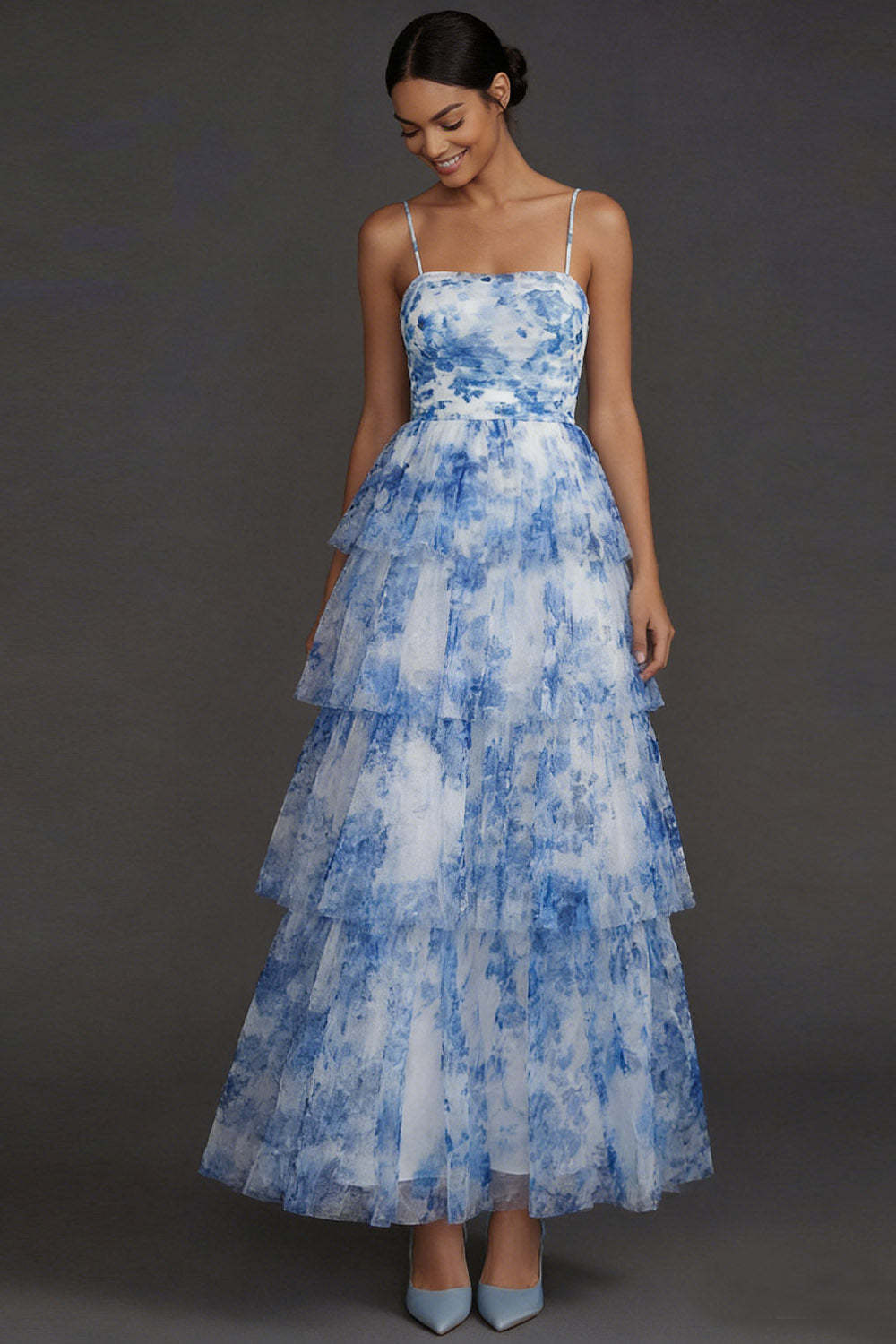 White Blue Floral Tiered Ruffled Spaghetti Straps A Line Long Formal Dress