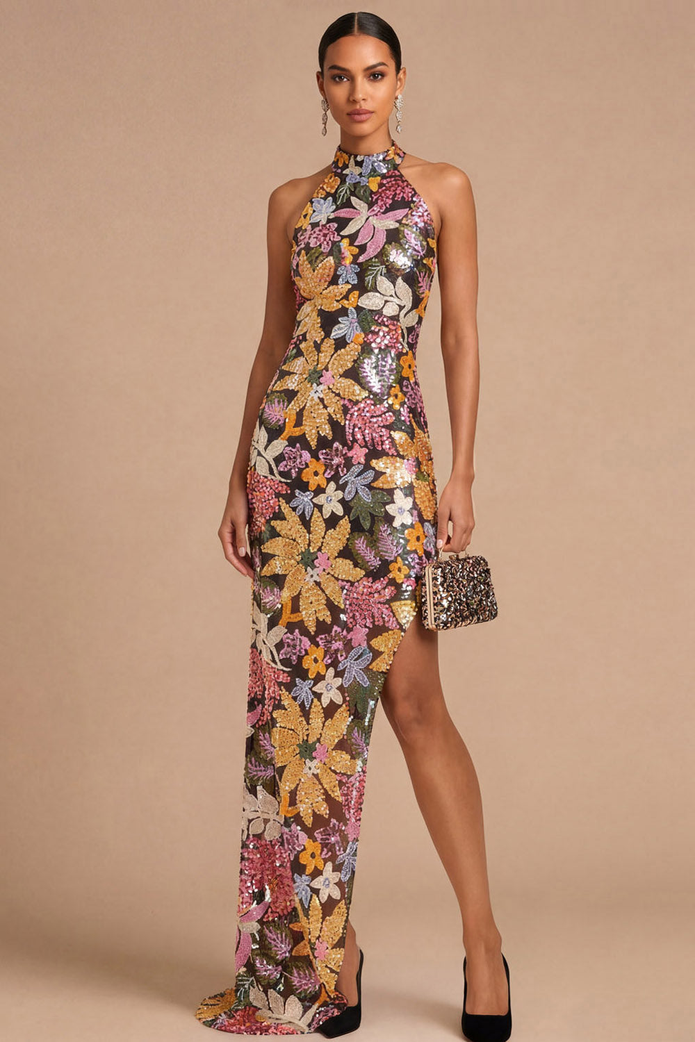 Sparkly Beaded Mermaid Floral Black Halter Neck Long Wedding Guest Dress with Slit