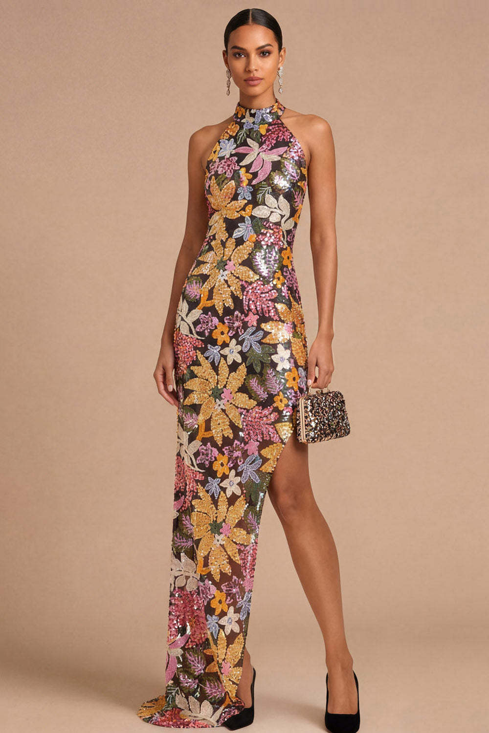 Leely Women Sparkly Mermaid Floral Black Long Wedding Guest Dress with Slit Halter Neck Beaded Backless Evening Dress