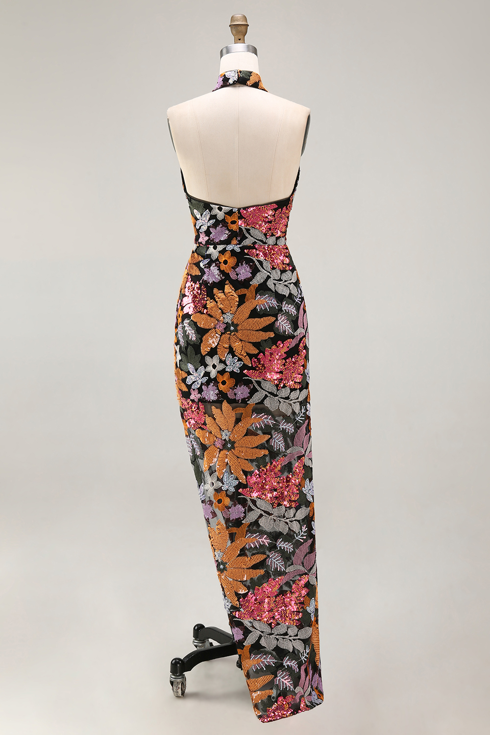 Sparkly Sequin Mermaid Floral Black Halter Neck Long Wedding Guest Dress with Slit