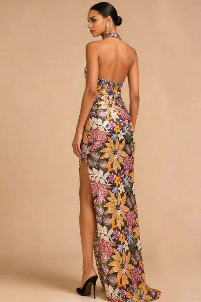 Sparkly Beaded Mermaid Floral Black Halter Neck Long Wedding Guest Dress with Slit