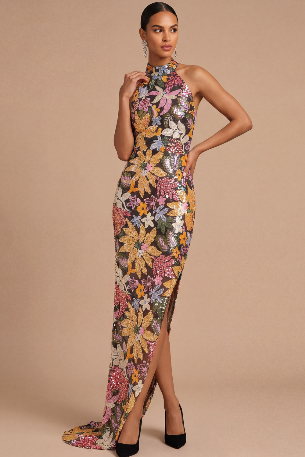 Sparkly Beaded Mermaid Floral Black Halter Neck Long Wedding Guest Dress with Slit