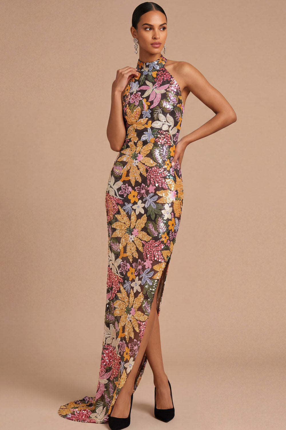 Sparkly Beaded Mermaid Floral Black Halter Neck Long Wedding Guest Dress with Slit