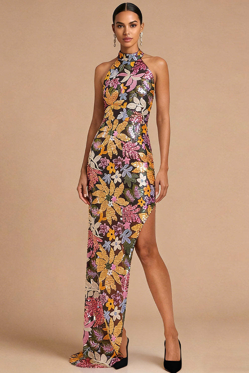 Sparkly Beaded Mermaid Floral Black Halter Neck Long Wedding Guest Dress with Slit