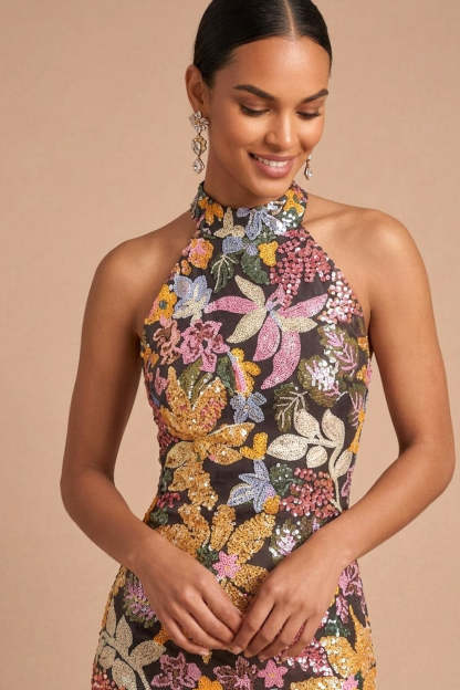 Sparkly Beaded Mermaid Floral Black Halter Neck Long Wedding Guest Dress with Slit