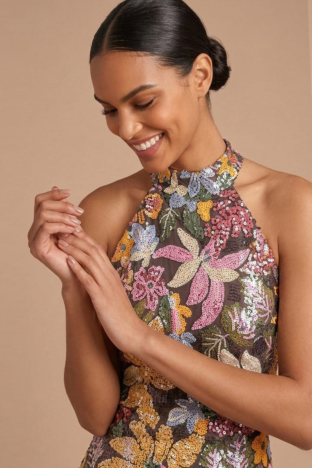 Sparkly Beaded Mermaid Floral Black Halter Neck Long Wedding Guest Dress with Slit