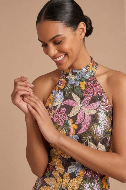 Sparkly Beaded Mermaid Floral Black Halter Neck Long Wedding Guest Dress with Slit