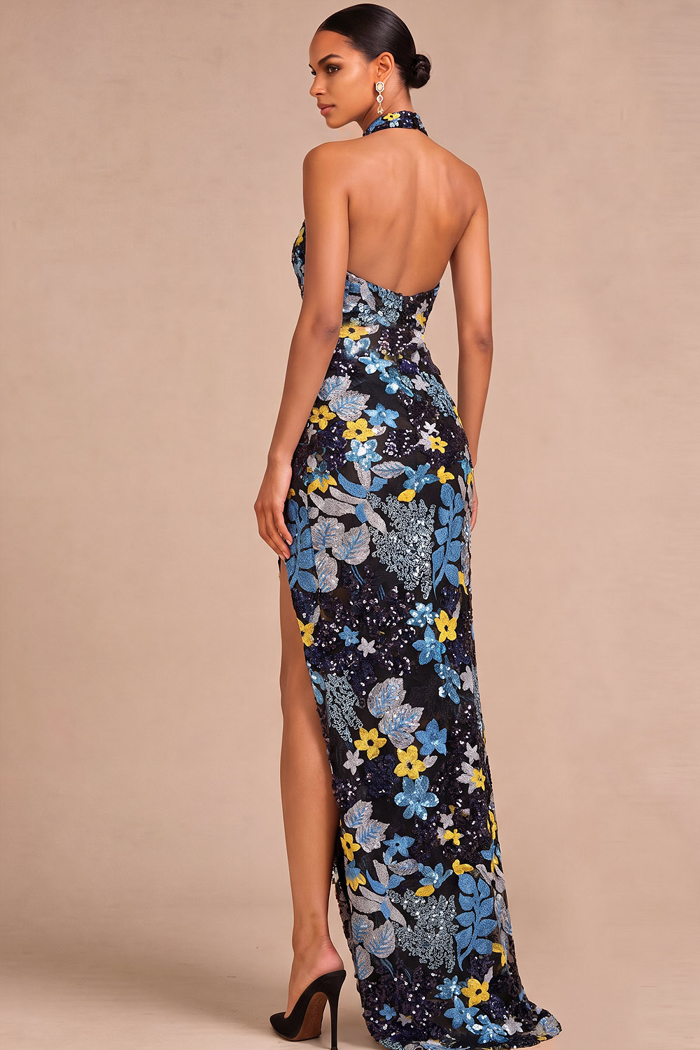 Sparkly Beaded Mermaid Floral Black Halter Neck Long Wedding Guest Dress with Slit