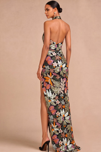 Sparkly Beaded Mermaid Floral Black Halter Neck Long Wedding Guest Dress with Slit