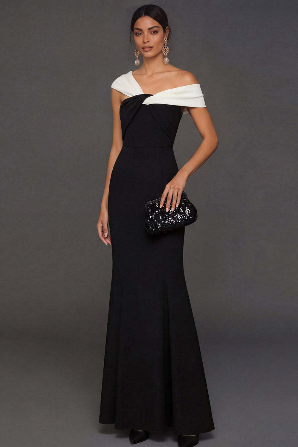 Leely Women Black Mermaid Off the Shoulder Long Formal Dress Backless Sleeveless Evening Dress