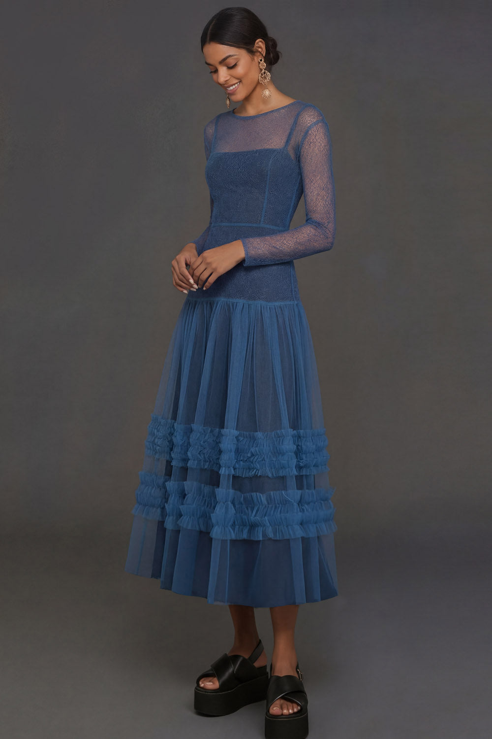 Blue A Line Illusion Neck Long Sleeves Midi Formal Dress