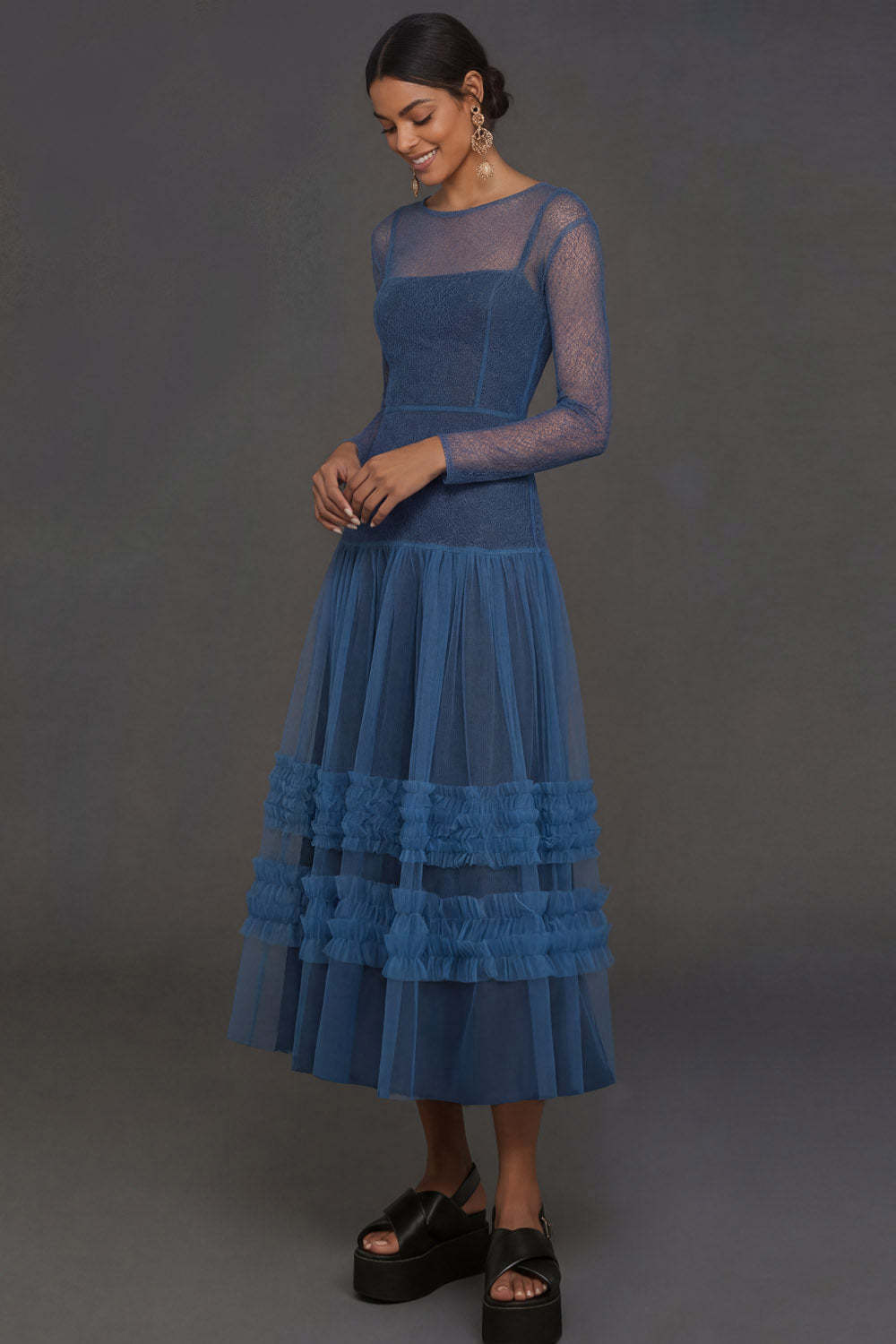 Leely Women Blue A Line Illusion Neck Midi Formal Dress Long Sleeves Ruffled Wedding Guest Dress