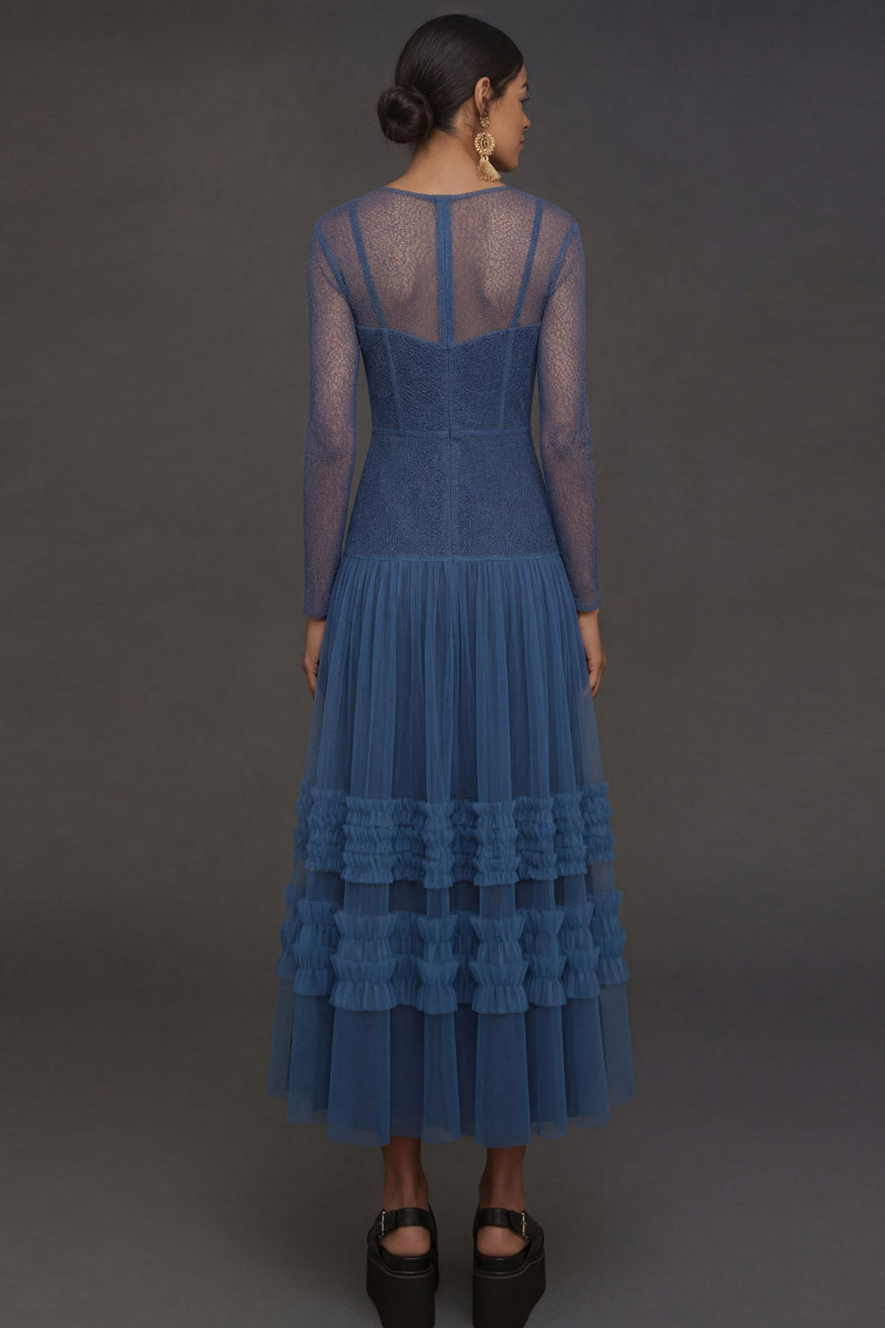 Blue A Line Illusion Neck Long Sleeves Midi Formal Dress